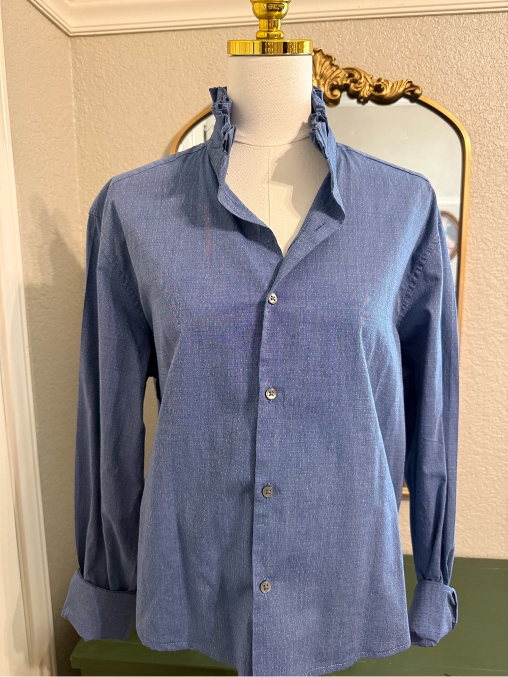 Calvin Klein Blue Ruffle Collar Boutique Button-Down Shirt